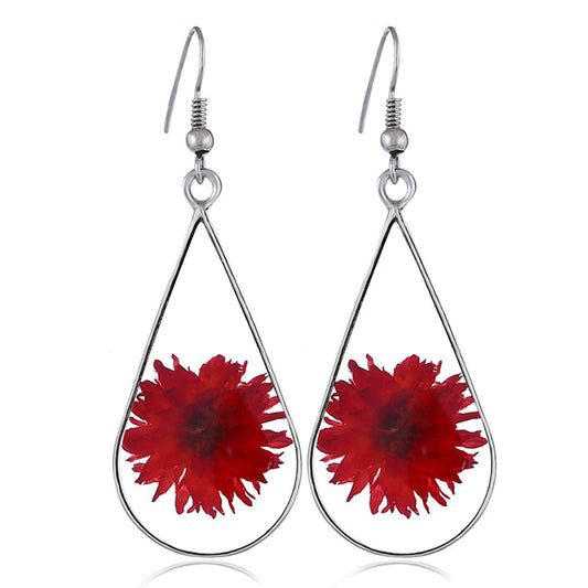Red Pressed Peony and Silver-Plated Teardrop Earrings, silver drop earrings for women, elegant gift for her, front view