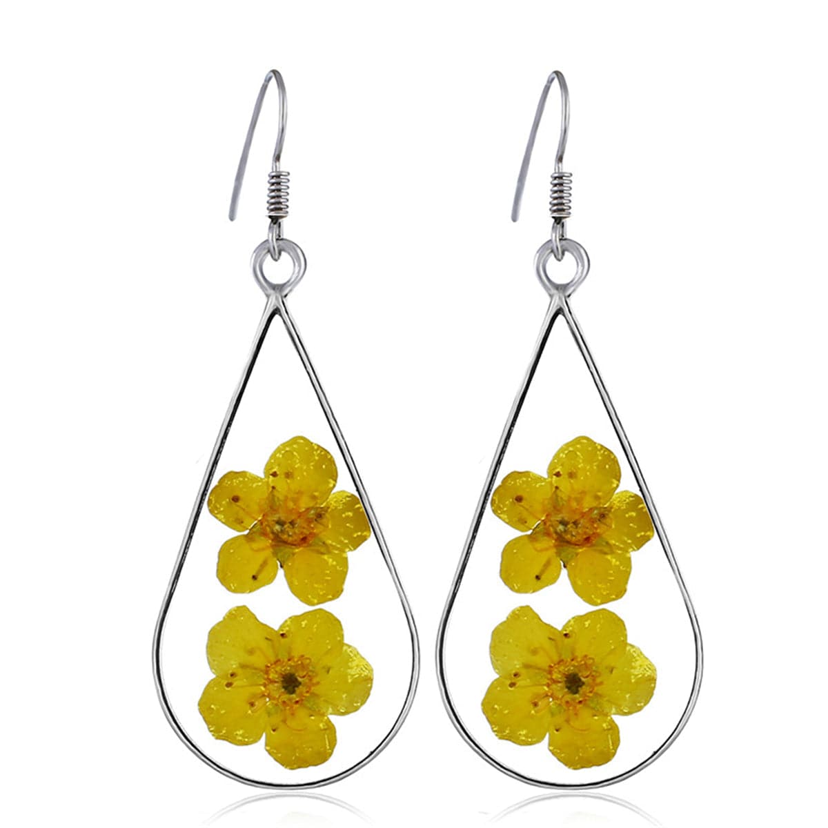 Double Yellow Pressed Peach Flower and Silver-Plated Drop Earrings, silver drop earrings for women, front view