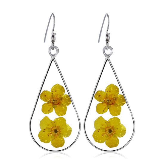 Double Yellow Pressed Peach Flower and Silver-Plated Drop Earrings, silver drop earrings for women, front view