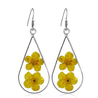 Double Yellow Pressed Peach Flower & Silver-Plated Drop Earrings