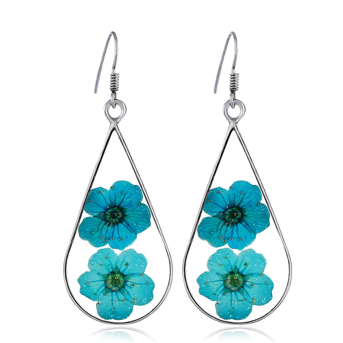 Blue Pressed Peach Flower and Silver-Plated Drop Earrings, silver drop earrings for women, elegant gift for her, front view