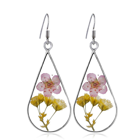 Pink and Yellow Pressed Peach Flower Silver-Plated Drop Earrings, silver drop earrings for women, front view