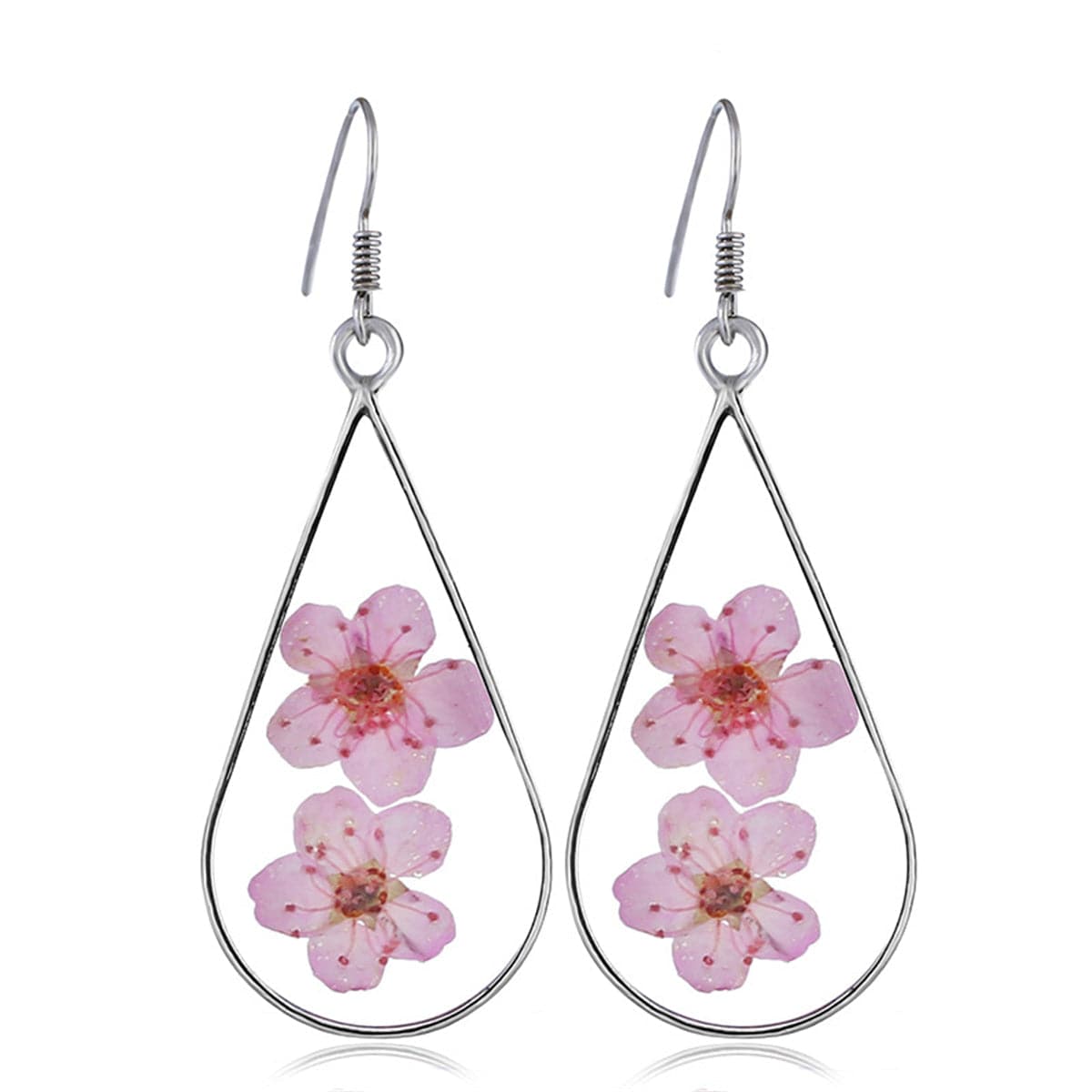 Pink Pressed Flower and Silver-Plated Teardrop Earrings, silver drop earrings for women, elegant gift for her, front view