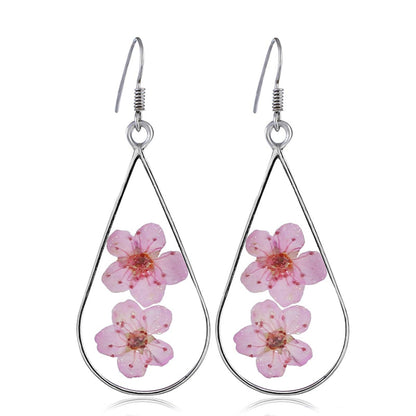 Pink Pressed Flower and Silver-Plated Teardrop Earrings, silver drop earrings for women, elegant gift for her, front view