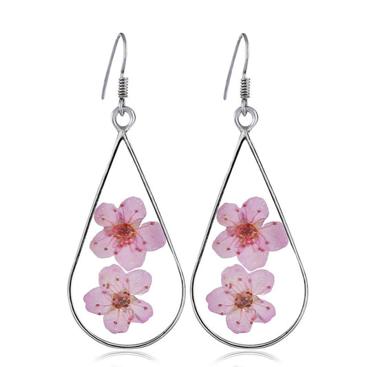 Pink Pressed Flower and Silver-Plated Teardrop Earrings, silver drop earrings for women, elegant gift for her, front view