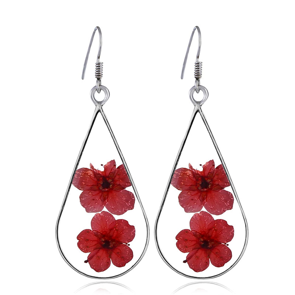 Double Red Pressed Peach Flower and Silver-Plated Drop Earrings, silver drop earrings for women, everyday style, front view