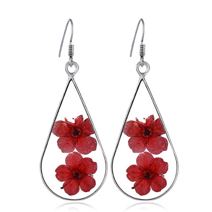 Double Red Pressed Peach Flower and Silver-Plated Drop Earrings, silver drop earrings for women, everyday style, front view