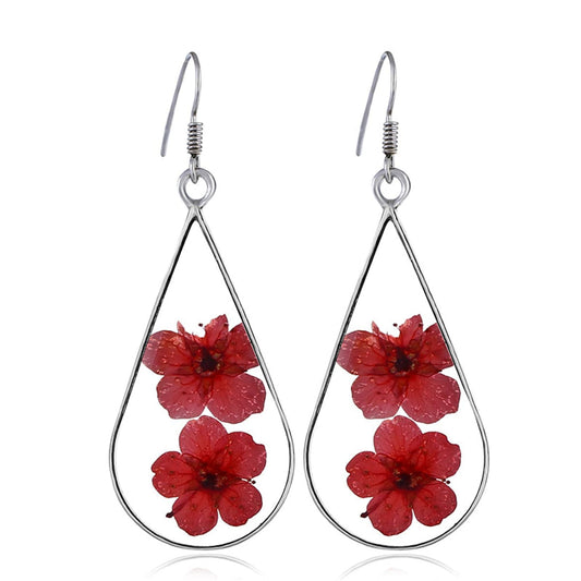 Double Red Pressed Peach Flower and Silver-Plated Drop Earrings, silver drop earrings for women, everyday style, front view