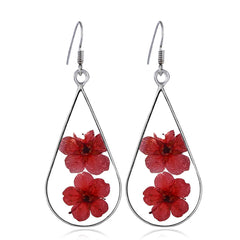 Double Red Pressed Peach Flower & Silver-Plated Drop Earrings