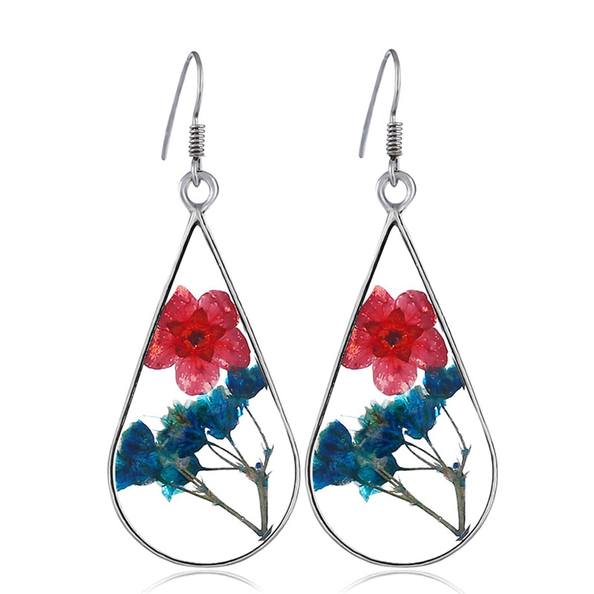 Red and Purple Peach Pressed Flower Silver-Plated Drop Earrings, silver drop earrings for women, front view