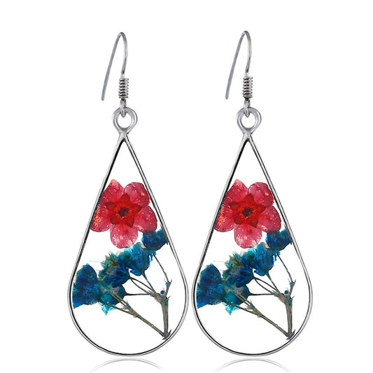Red and Purple Peach Pressed Flower Silver-Plated Drop Earrings, silver drop earrings for women, front view