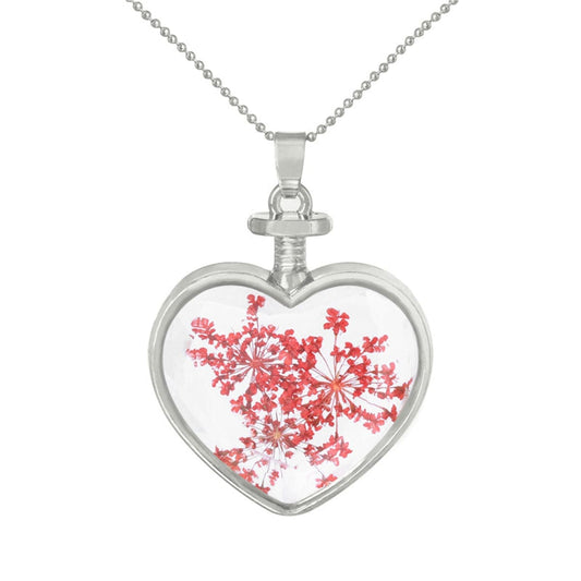 Red Pressed Gypsophila and Silver-Plated Heart Pendant Necklace, silver pendant necklace for women, front view
