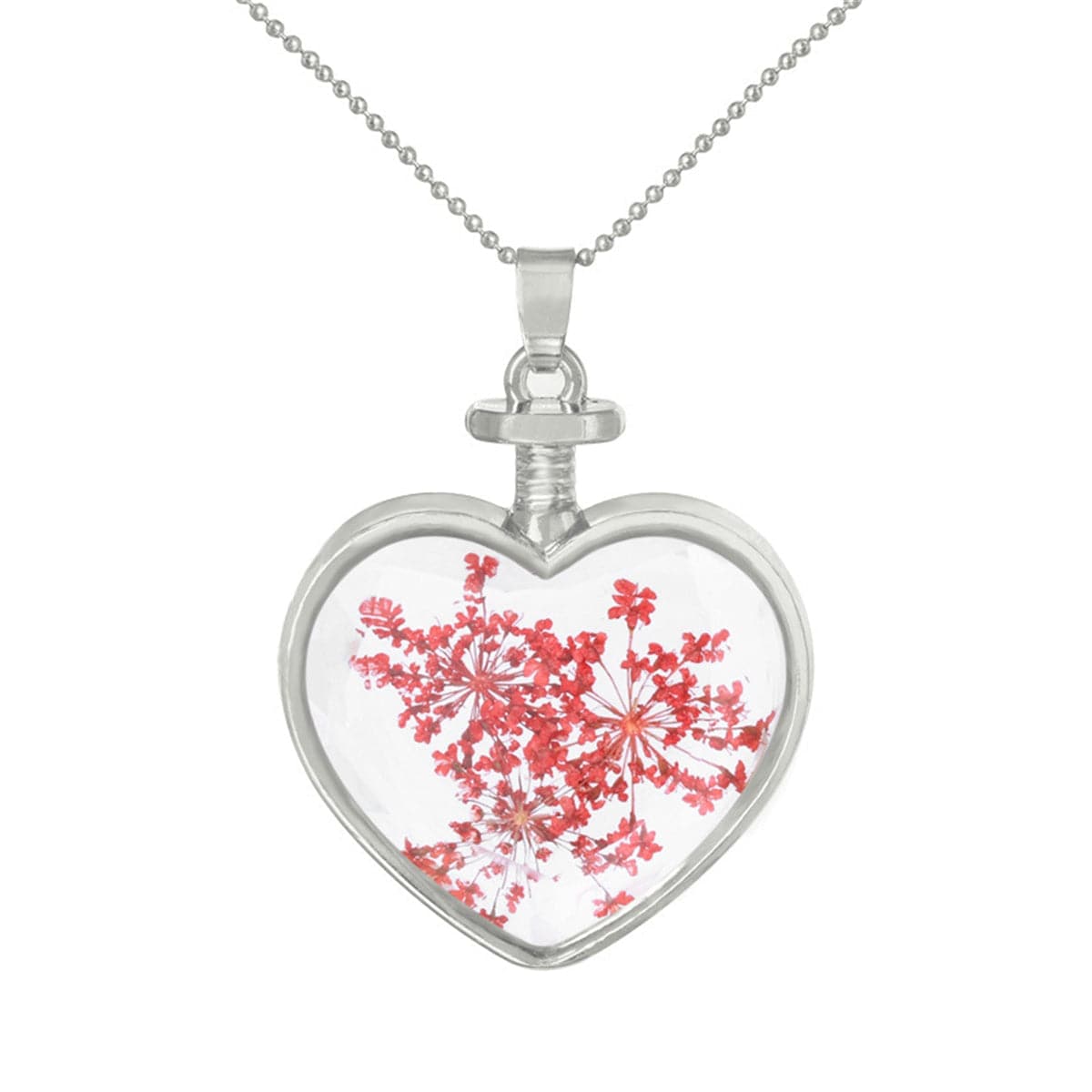 Red Pressed Gypsophila & Silver-Plated Heart Pendant Necklace