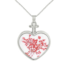 Red Pressed Gypsophila & Silver-Plated Heart Pendant Necklace