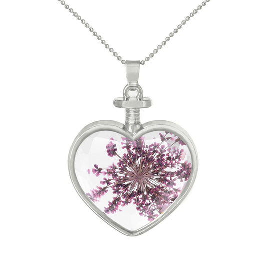 Purple Pressed Gypsophila and Silver-Plated Heart Pendant Necklace, silver pendant necklace for women, front view