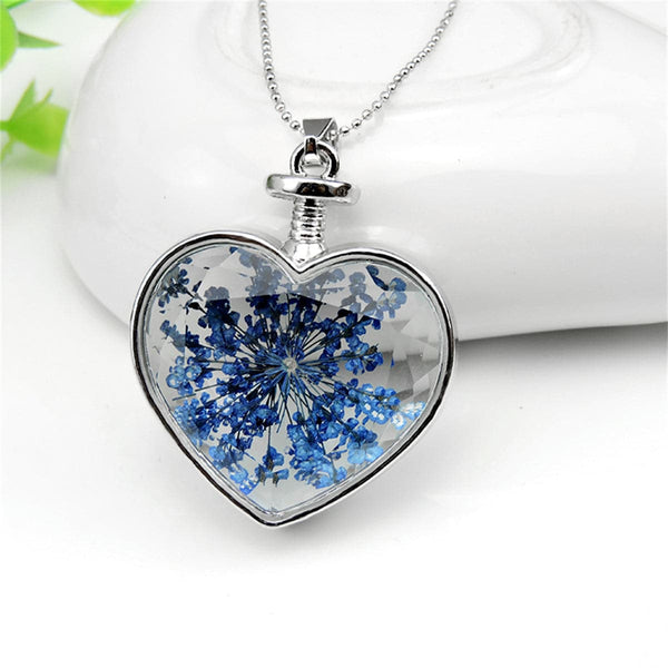 Dark Blue Pressed Gypsophila & Silvertone Heart Pendant Necklace
