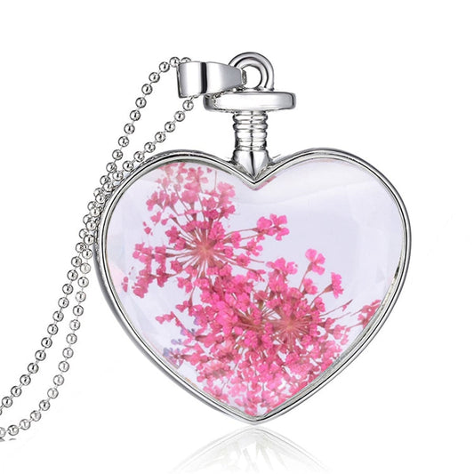 Pink Pressed Gypsophila and Silver-Plated Heart Pendant Necklace, silver pendant necklace for women, front view