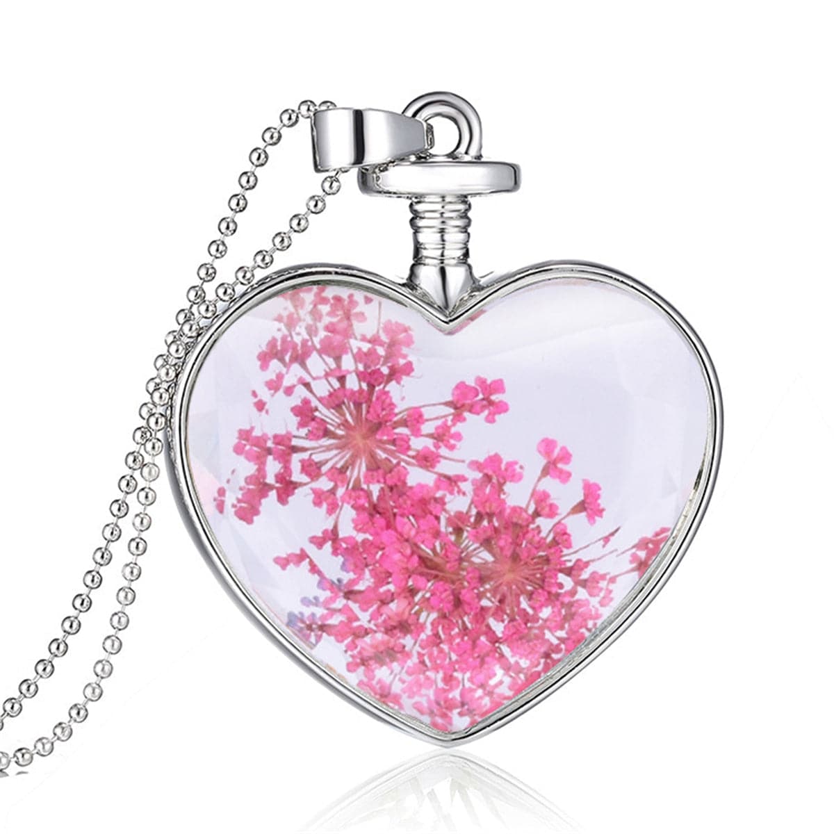 Pink Pressed Gypsophila & Silver-Plated Heart Pendant Necklace