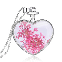 Pink Pressed Gypsophila & Silver-Plated Heart Pendant Necklace