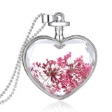 Rose Pressed Gypsophila & Silvertone Heart Pendant Necklace