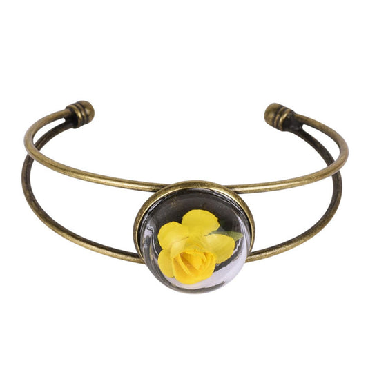 Yellow Velvet Rose and 18K Gold-Plated Cuff, gold bracelet for women, vintage-inspired design, front view