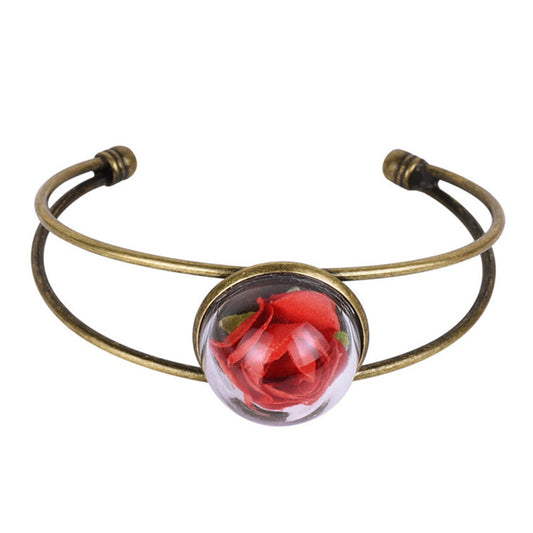 Red Velvet and 18K Gold-Plated Encased Rose Cuff, gold bracelet for women, everyday style, front view