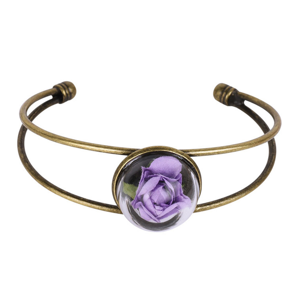 Purple Velvet and 18K Gold-Plated Encased Rose Cuff, gold bracelet for women, everyday style, front view