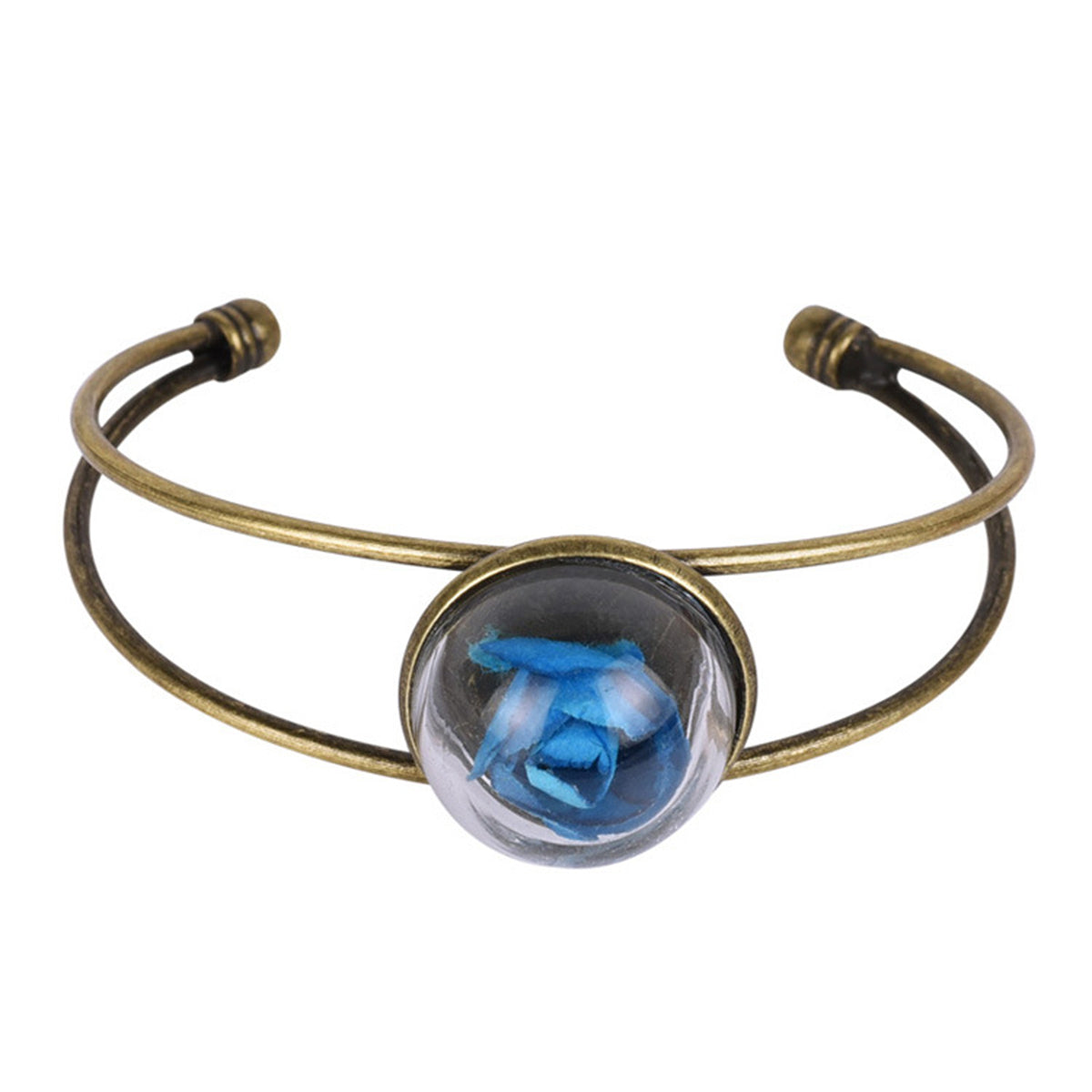 Blue Velvet Rose and 18K Gold-Plated Cuff, gold bracelet for women, elegant gift for her, front view