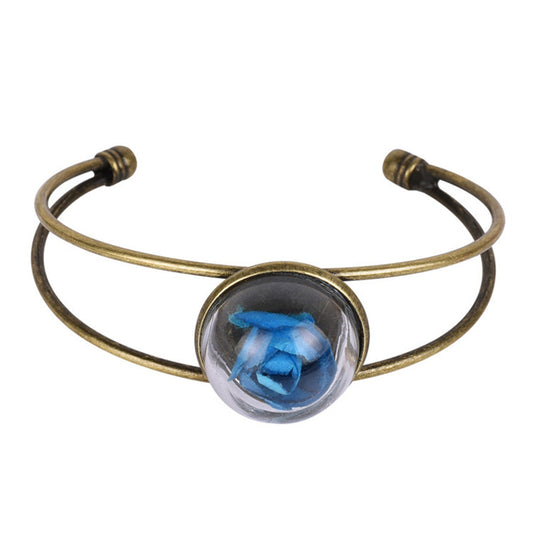 Blue Velvet Rose and 18K Gold-Plated Cuff, gold bracelet for women, elegant gift for her, front view