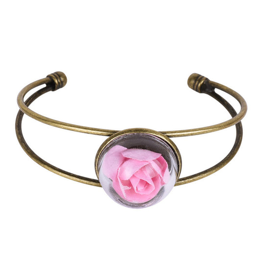 Pink Velvet Rose and 18K Gold-Plated Cuff, gold bracelet for women, elegant gift for her, front view