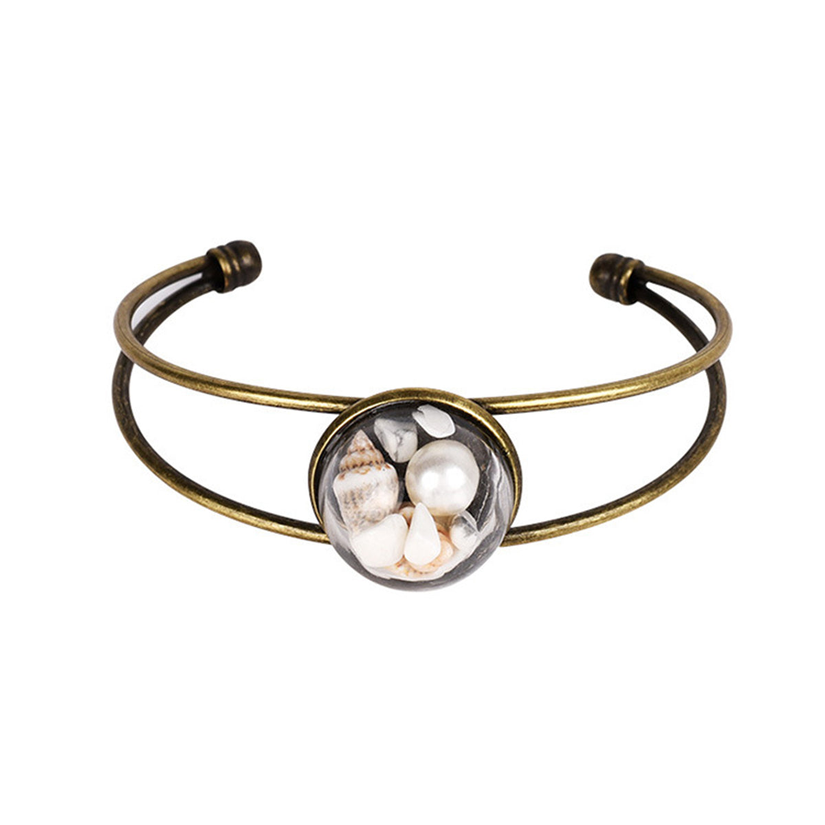 Pearl and Shell 18K Gold-Plated Openwork Round Cuff, gold bracelet for women, everyday style, front view
