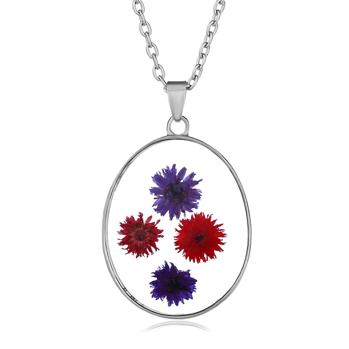Red and Blue Pressed Flower Oval Pendant Necklace, pendant necklace for women, vintage-inspired design, front view