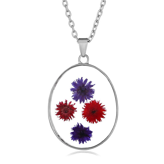 Red and Blue Pressed Flower Oval Pendant Necklace, pendant necklace for women, vintage-inspired design, front view