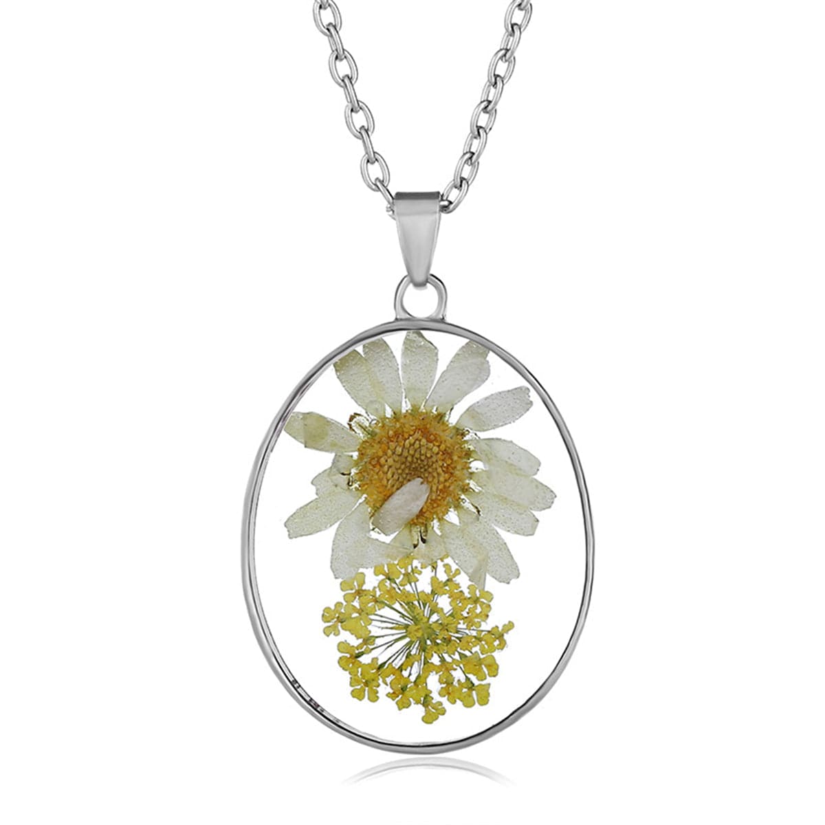 Pink and Yellow Pressed Flower Oval Pendant Necklace, pendant necklace for women, elegant gift for her, front view