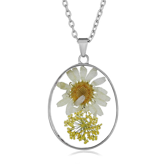 Pink and Yellow Pressed Flower Oval Pendant Necklace, pendant necklace for women, elegant gift for her, front view