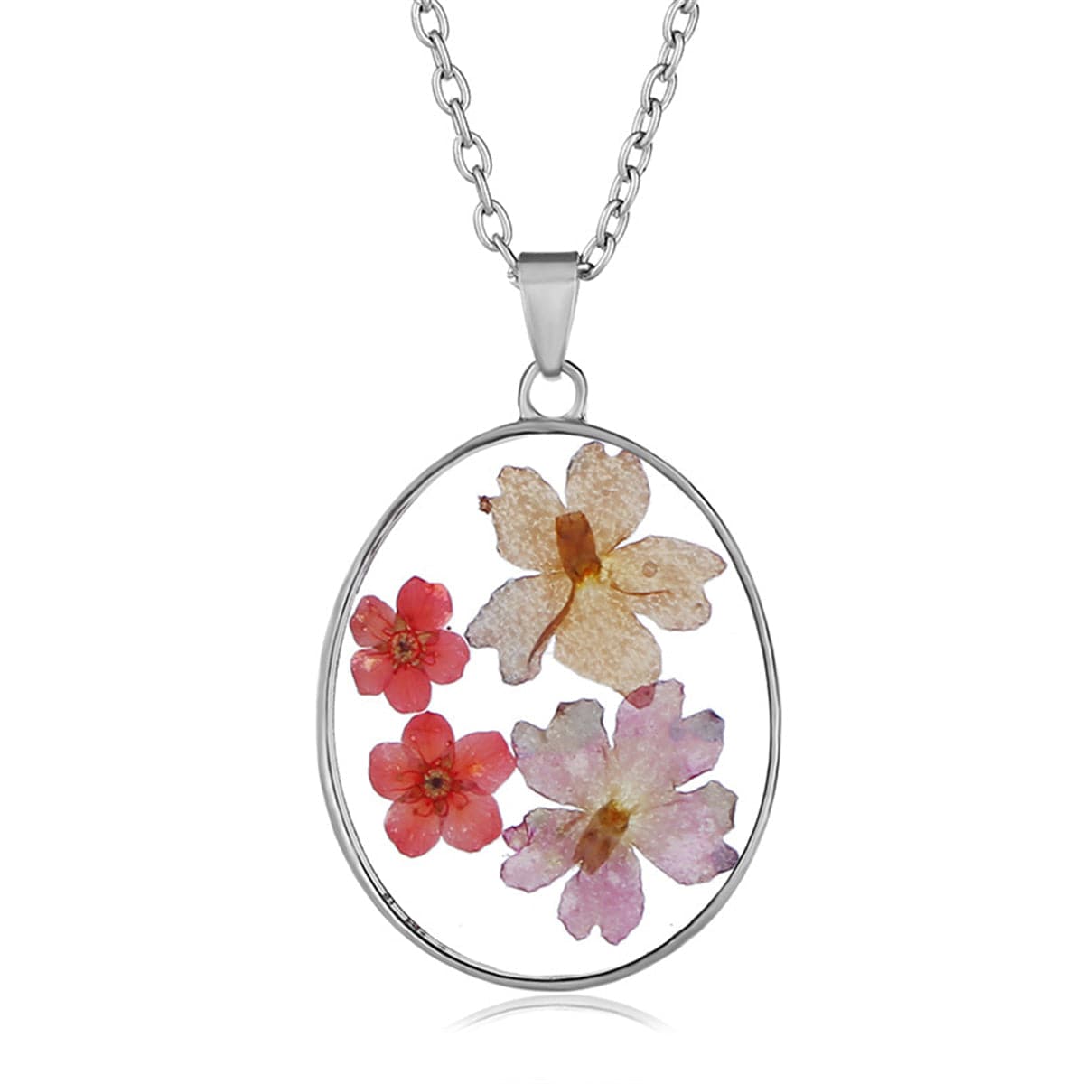 Pink and Red Pressed Flower Oval Pendant Necklace, pendant necklace for women, vintage-inspired design, side view