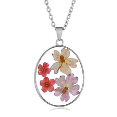Pink & Red Pressed Flower Oval Pendant Necklace