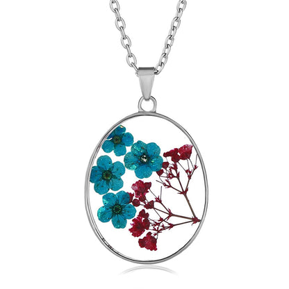 Purple Pressed Peach Blossom and Silver-Plated Oval Pendant Necklace, silver pendant necklace for women, front view