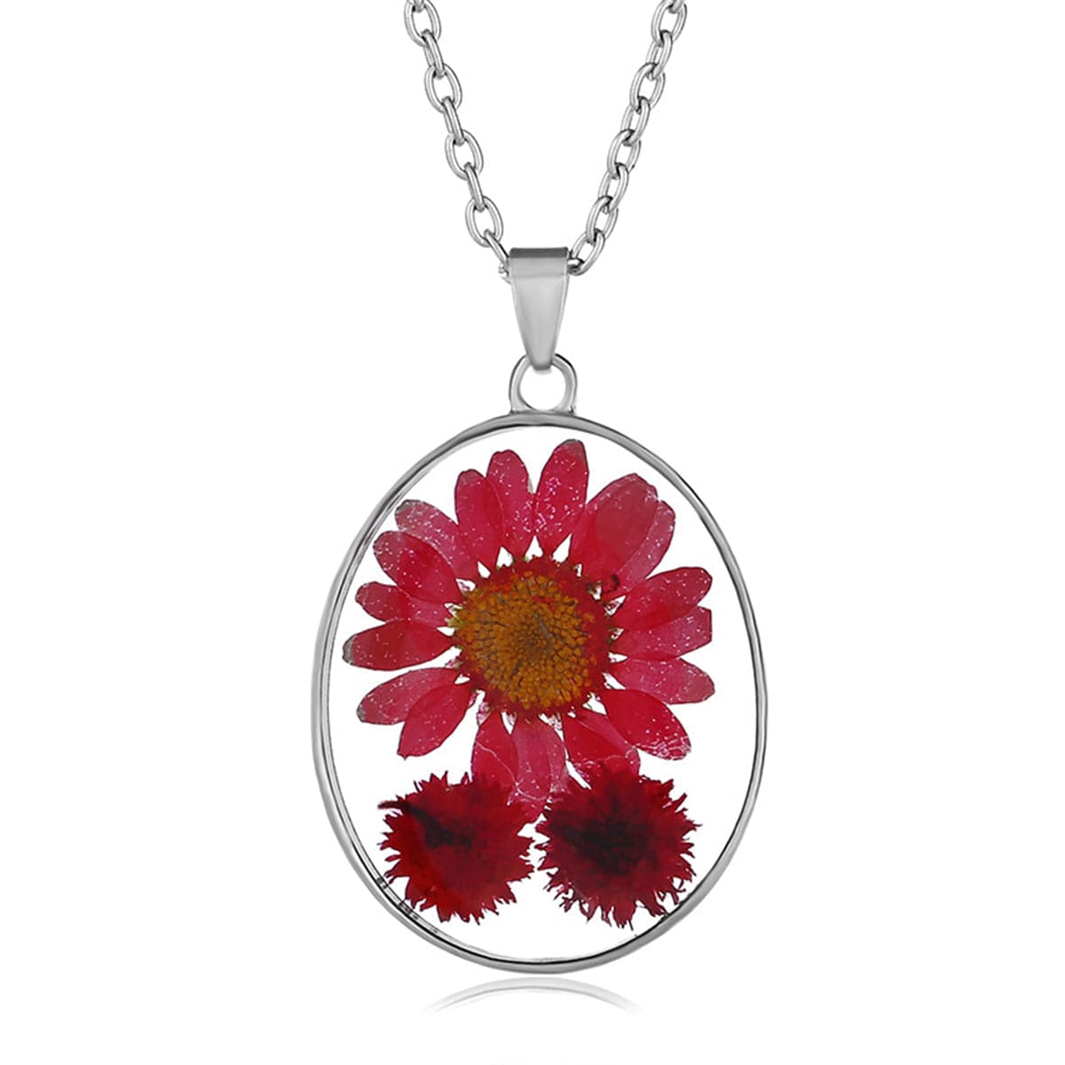 Red Pressed Peach Blossom and Silver-Plated Oval Pendant Necklace, silver pendant necklace for women, front view
