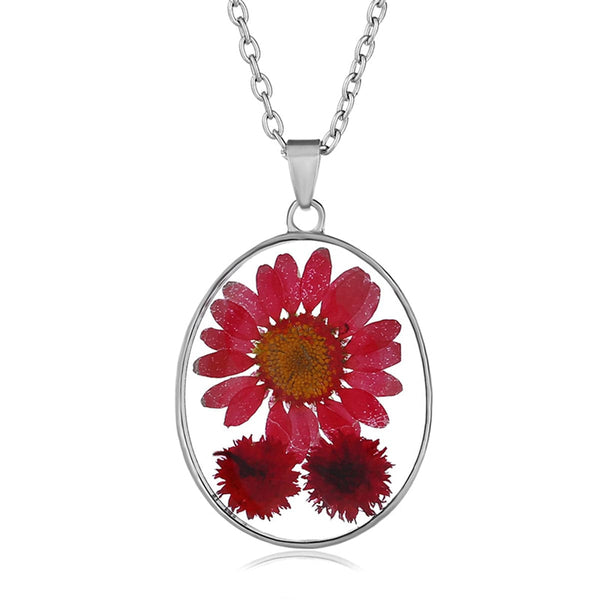 Red & Silvertone Pressed Peach Blossome Oval Pendant Necklace