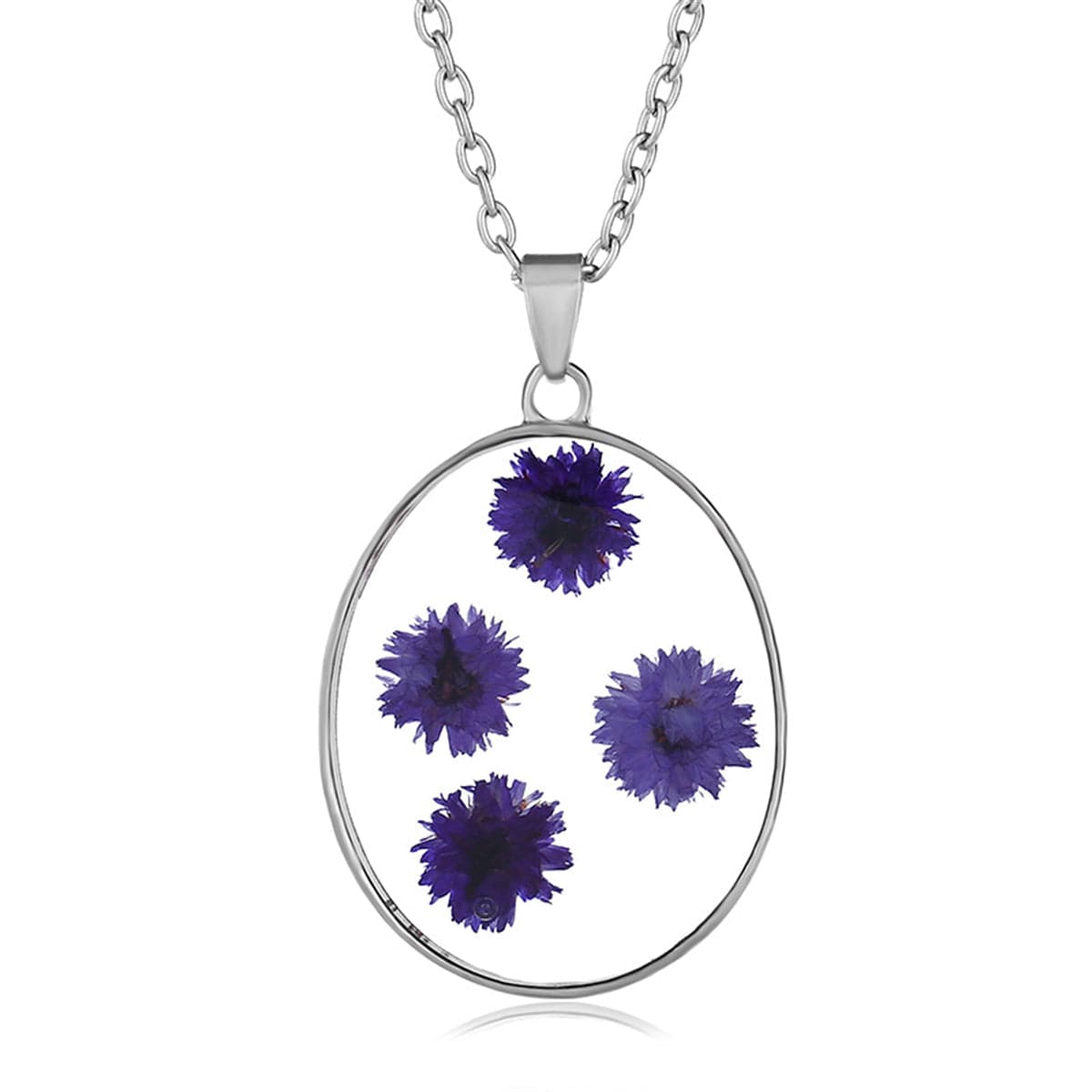 Purple Pressed Peach Blossom and Silver-Plated Oval Pendant Necklace, silver pendant necklace for women, front view