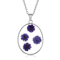 Purple Pressed Peach Blossom & Silvertone Oval Pendant Necklace