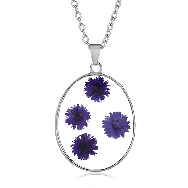 Purple Pressed Peach Blossom & Silvertone Oval Pendant Necklace