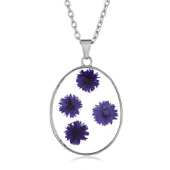 Purple Pressed Peach Blossom & Silver-Plated Oval Pendant Necklace