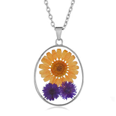 Yellow & Purple Pressed Mum Oval Pendant Necklace