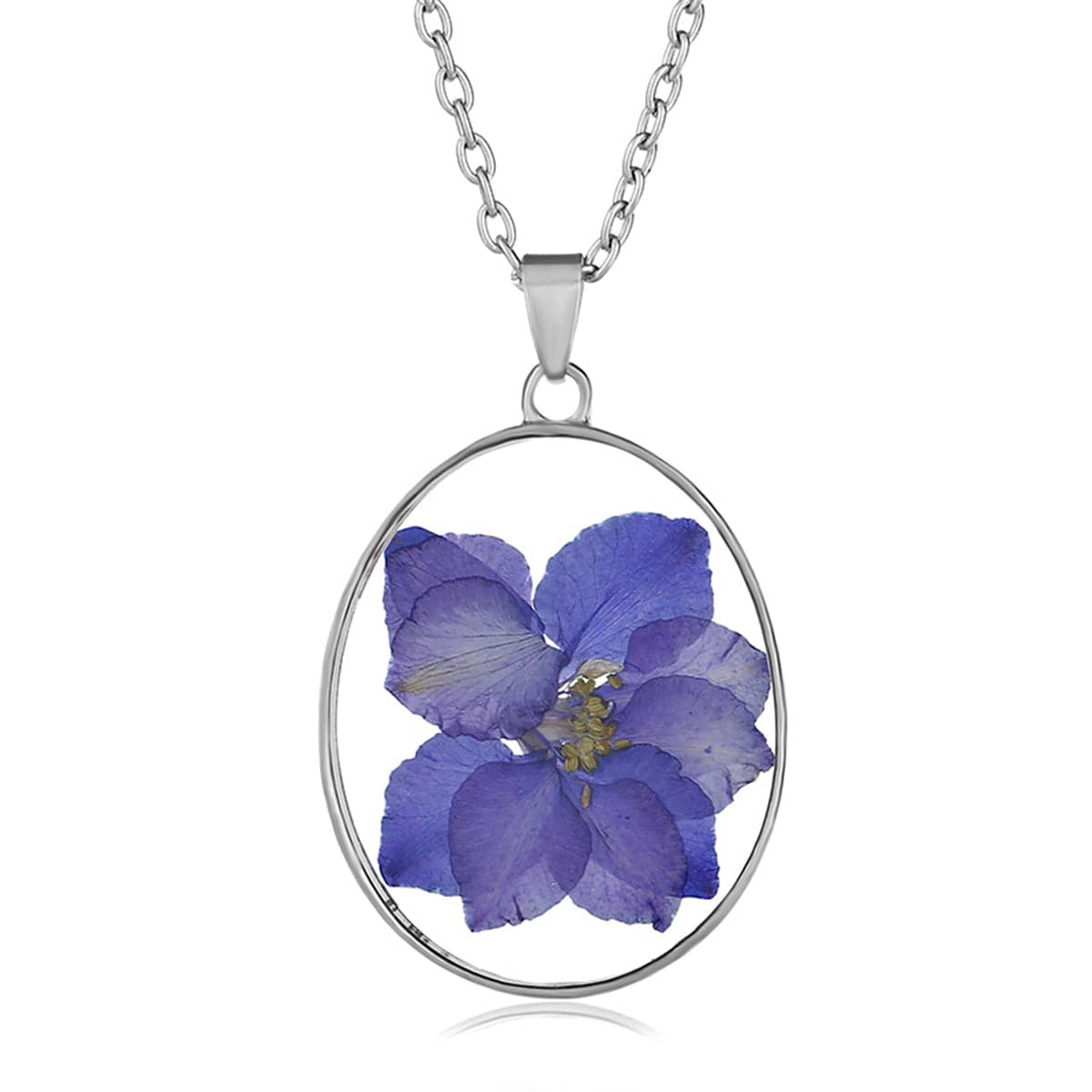 Purple Pressed Violet and Silver-Plated Oval Pendant Necklace, silver pendant necklace for women, side view