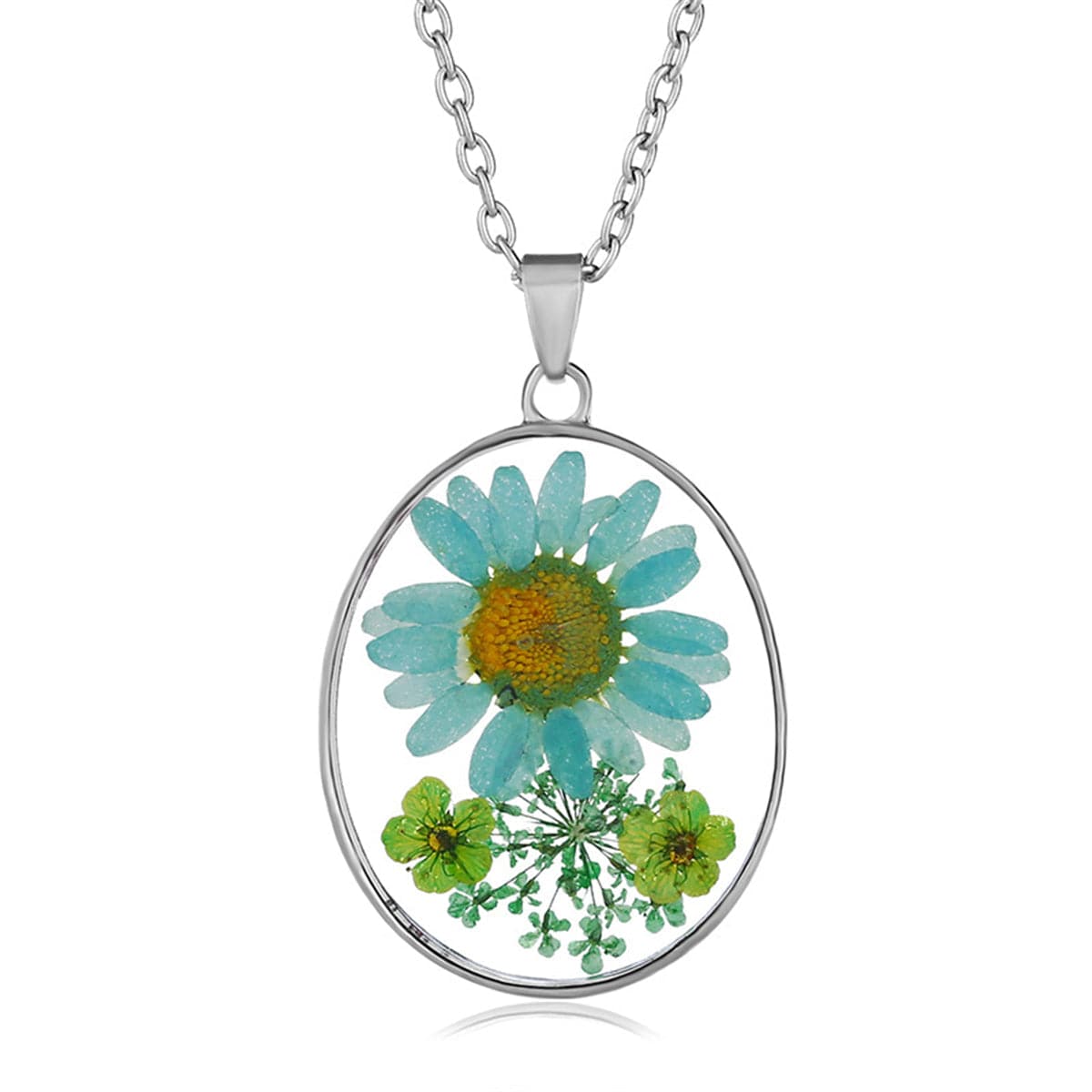 Blue Pressed Mum and Silver-Plated Oval Pendant Necklace, silver pendant necklace for women, front view