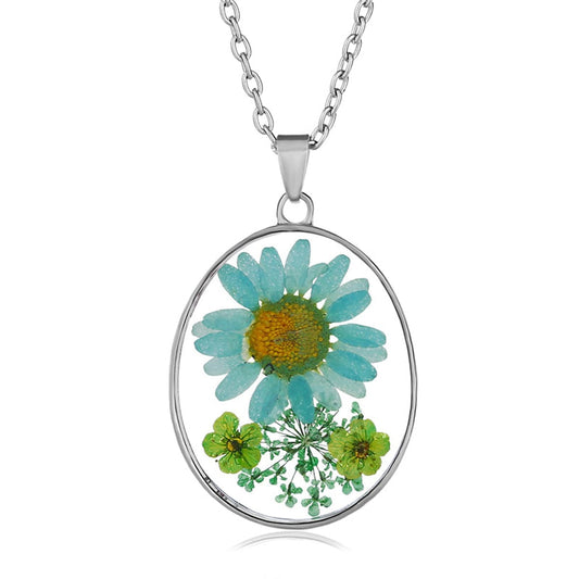 Blue Pressed Mum and Silver-Plated Oval Pendant Necklace, silver pendant necklace for women, front view