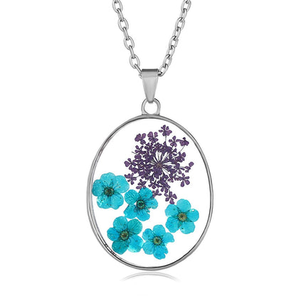 Blue Pressed Peach Blossom and Silver-Plated Oval Pendant Necklace, silver pendant necklace for women, side view