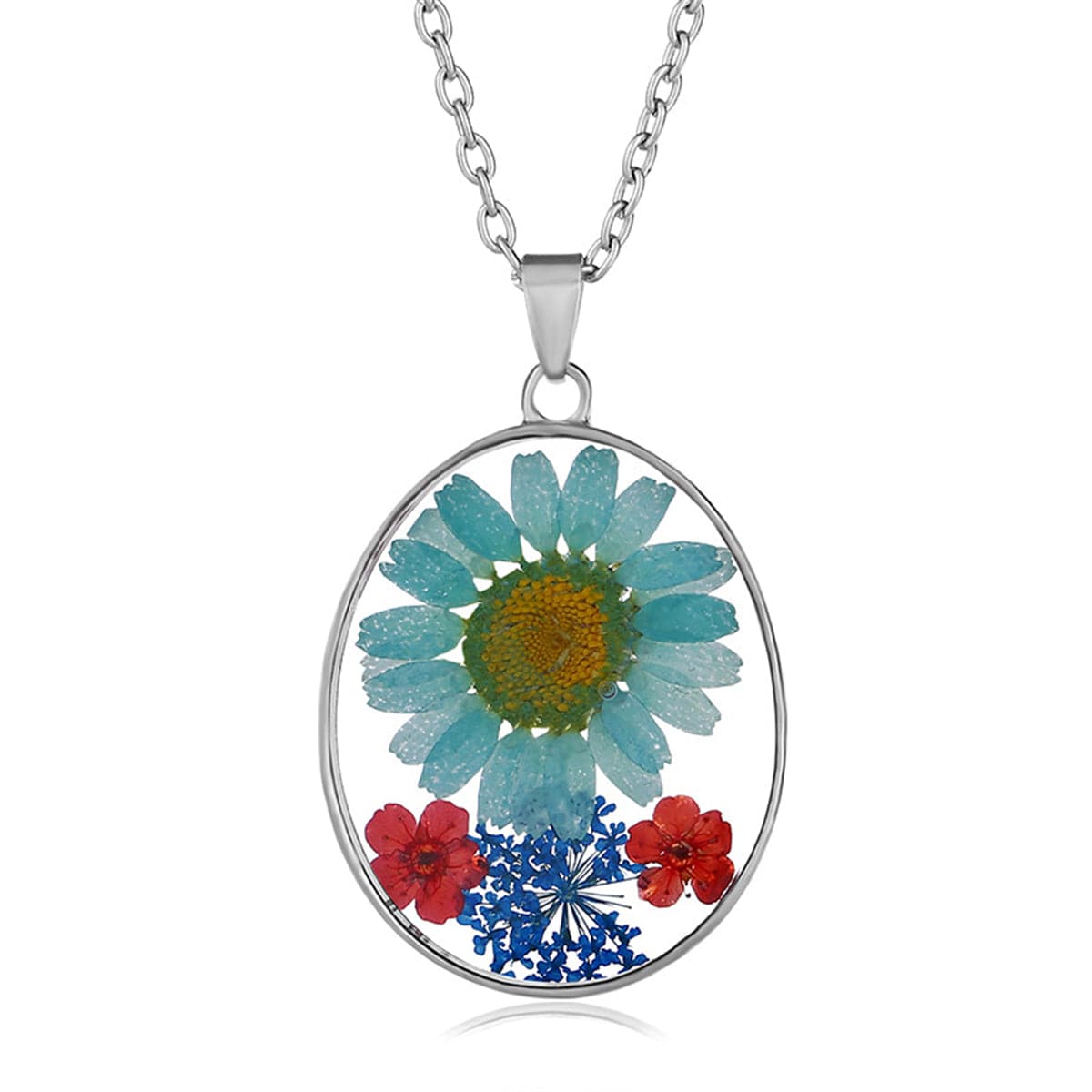 Blue and Red Pressed Flower Oval Pendant Necklace, pendant necklace for women, elegant gift for her, side view